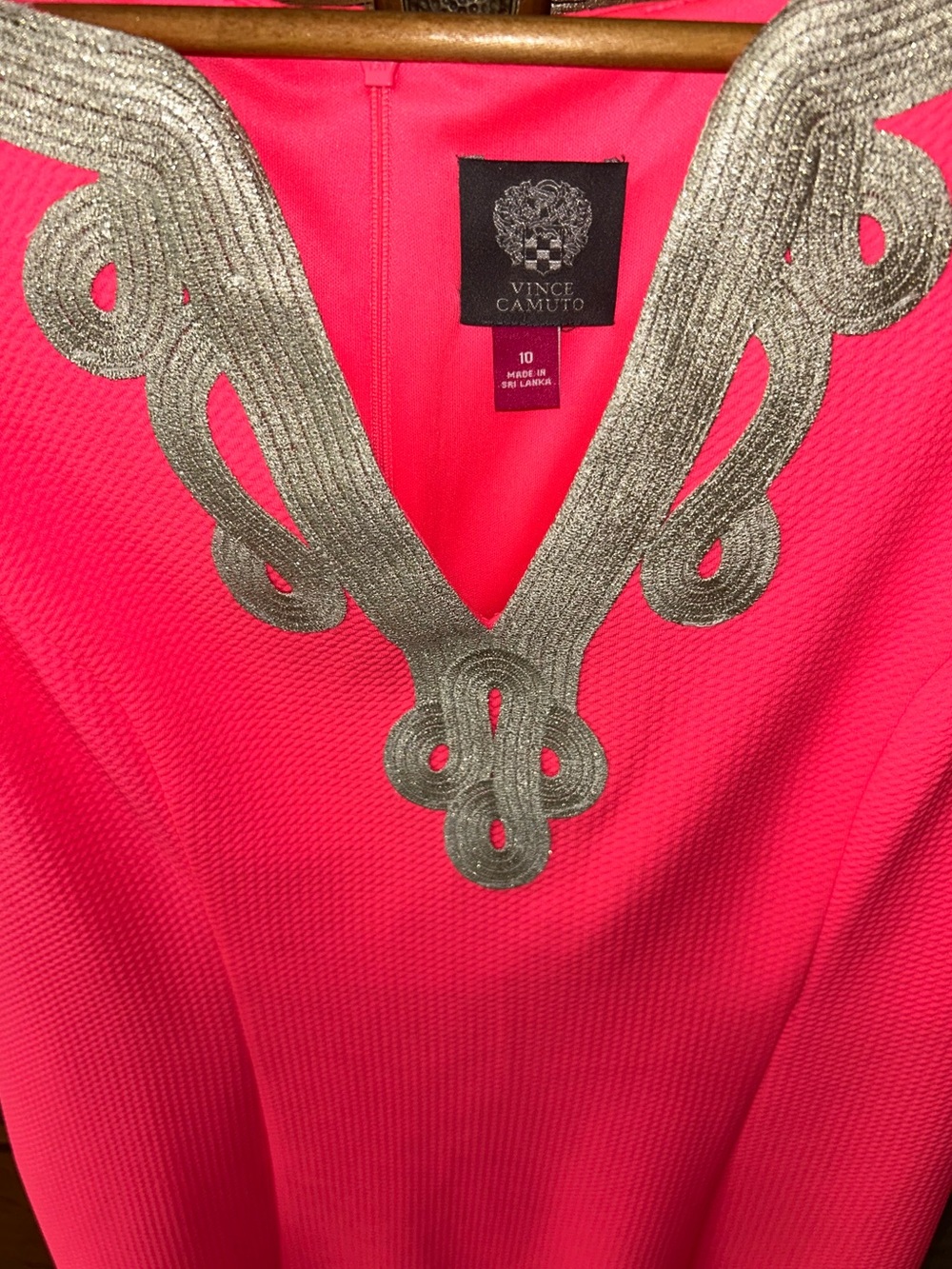 Vince Camuto Bright Coral Pink Dress with Silver Embroidered V-Neck - Picture 5 of 6